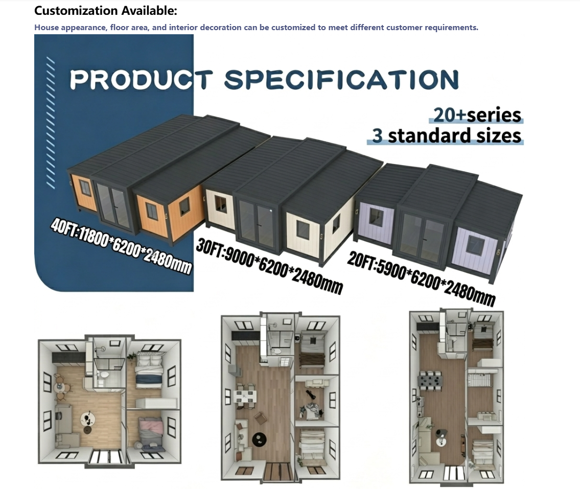 20 FT, 30 FT and 40 FT standard models with dimensions and floor plans